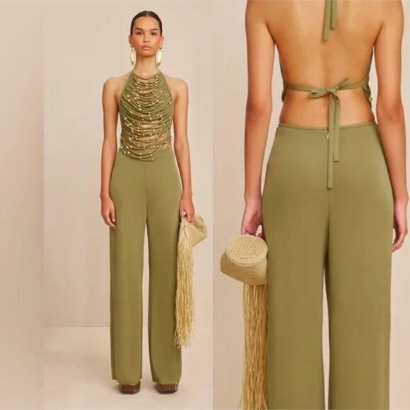 cult gaia Pants - Cult Gaia Kora Pant Olive Green Wide-Leg High Waist Back Zip Women's sz 10